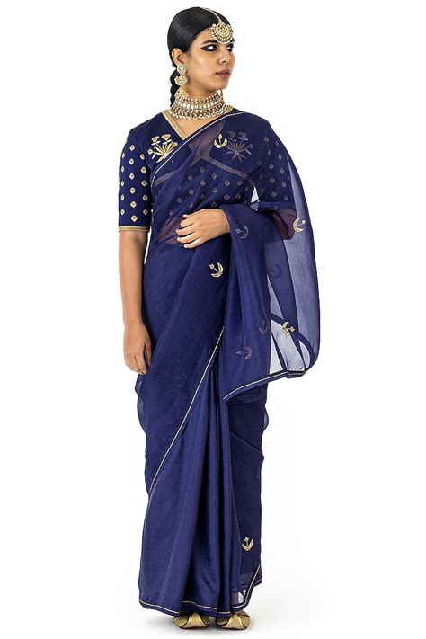 Indigo Silk And Organza Hand Embroidered Saree By Raw Mango At Pernias Pop Up Shop 2024