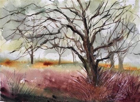 Arbre Dans La Brume Aquarelle Valeriemafricaart Landscape Paintings