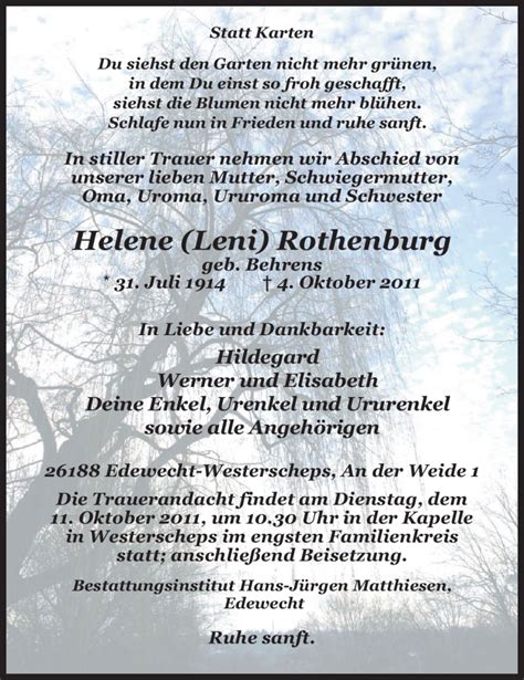 Traueranzeigen Von Helene Leni Rothenburg Nordwest Trauer De