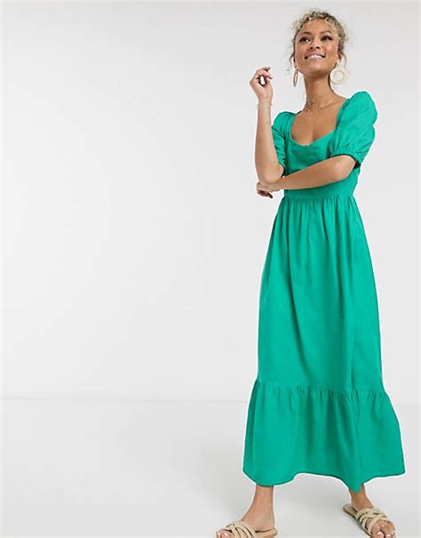 Asos Design Stufiges Maxikleid Mit Puffärmeln Und Rückenausschnitt In