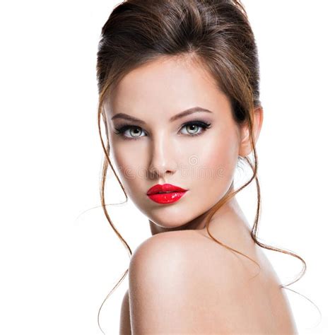 Face Of Beautiful Woman With Bright Red Lipstick On The Lips Stock