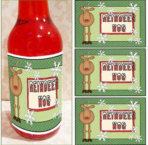 A Bottle With Reindeer Nose On It Next To Four Labels For Reindeer Moo