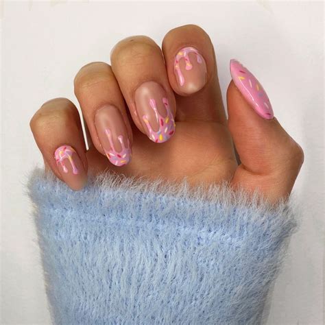 Pink Ice Cream Gel Drip Nails With Hundreds And Thousands Drip Nails