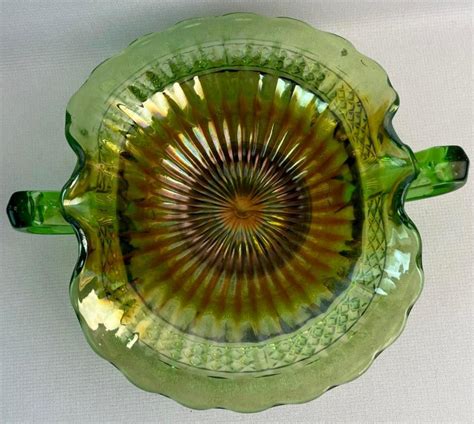 Lot Antique Northwood Carnival Glass Lustre Flute Green Ruffled Double Handled Sauce Bowl