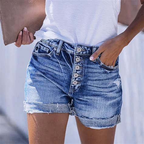 Womens Summer High Waist Denim Shorts Distressed Ripped Frayed Cuffed Jean Shorts Rolled Hem