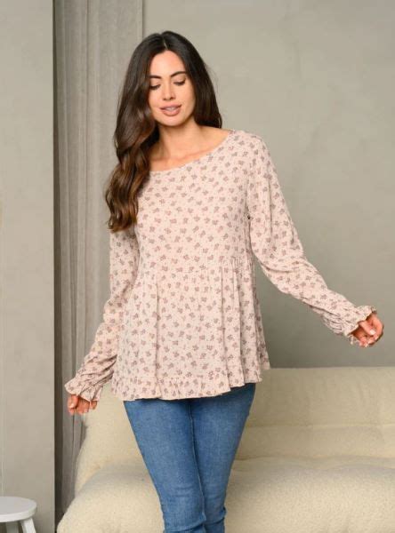 Taupe Ditsy Floral Print Longsleeve Babydoll Top L 8 B Wt2488 1