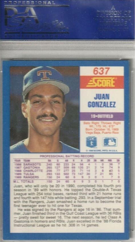 Juan Gonzalez 1990 Score Rookie Card 637 NM MINT 8 Texas Rangers EBay