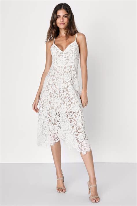 Lovely White Lace Dress Midi Dress Handkerchief Hem Dress Lulus