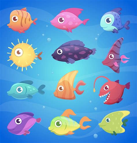 Colorful cartoon fish. Funny underwater animals with big eyes ocean an ...