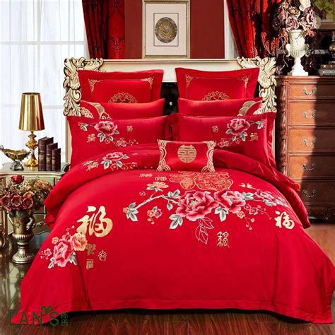 Luxury Wedding Jacquard Satin Pcs Bedding Sets Cotton Chinese Red