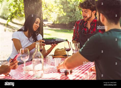 Group Of Friends Enjoying Summer Picnic With Red Wine Multicultural