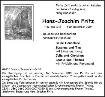 Traueranzeigen Von Hans Joachim Fritz Noz Trauerportal