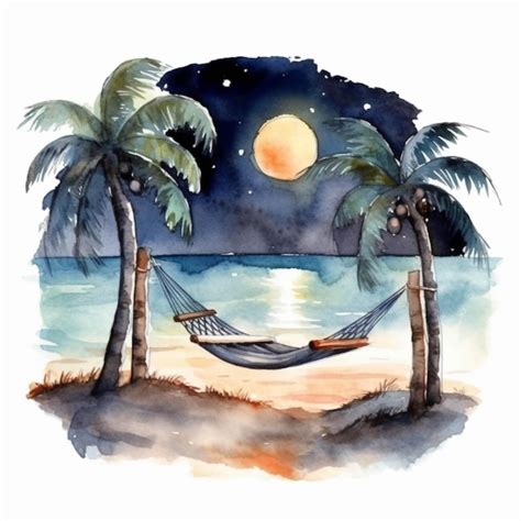 Premium Ai Image A Painting Of A Hammock Between Two Palm Trees On A