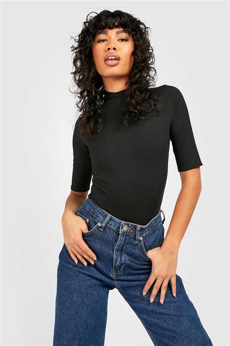 Ribbed Short Sleeve High Neck Bodysuit Boohoo