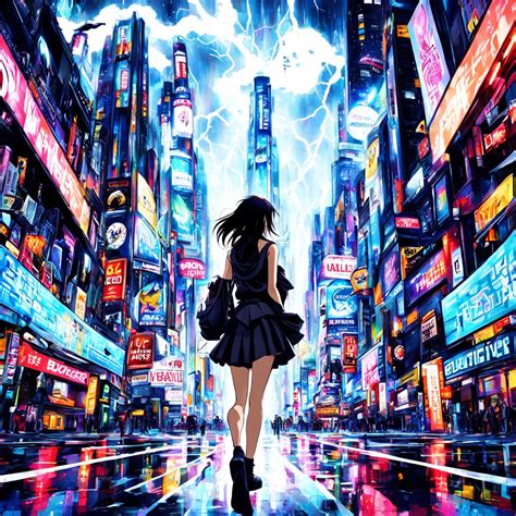 Create a anime girl standing overlooking a futuristic city w... by ...