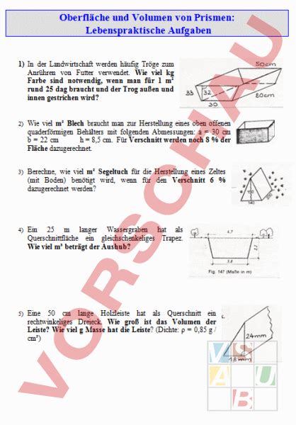 Arbeitsblatt Oberfl Che Und Volumen Von Prismen Geometrie K Rper