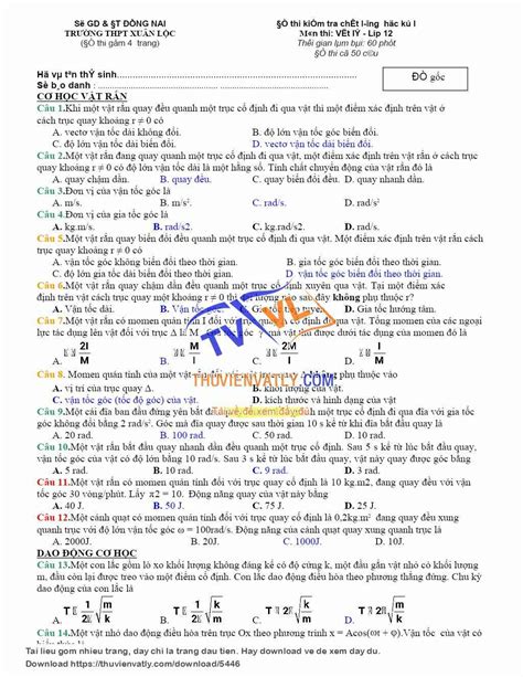 [doc] Đề Kiểm Tra Học Kì 1 08 09 Lớp 12 Thpt Xuân Lộc Thư Viện Vật Lý