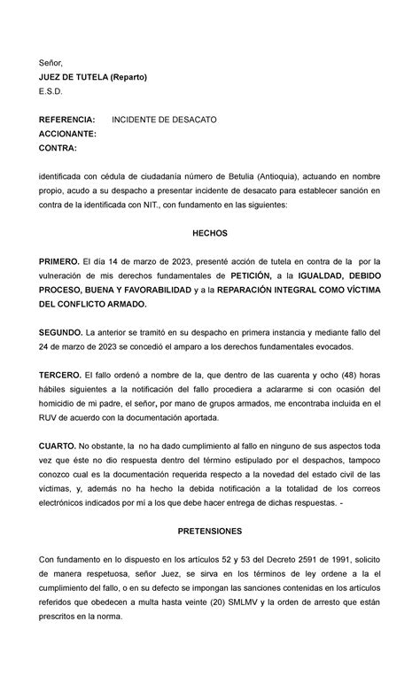 Solicitud Revisión CC Señor JUEZ DE TUTELA Reparto E S REFERENCIA