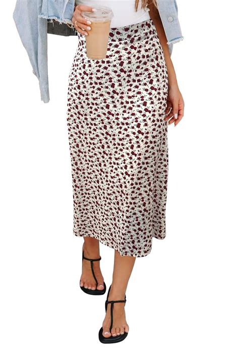 Herbatomia Womens Floral Print Midi Skirt Casual High Elastic Waist