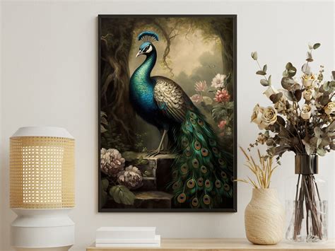 Vintage Peacock Painting, Retro Peacock Art Print, Cottage Peacock ...