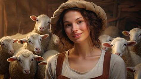 Premium AI Image | Beautiful young woman in hat standing happy smiling on sheep farm in ...