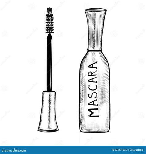 Vector Hand Drawn Sketch of Tube of Mascara and Brush, Illustration in ...