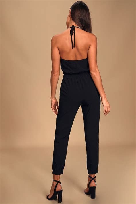 Cute Black Jumpsuit Surplice Jumpsuit Halter Jumpsuit Lulus