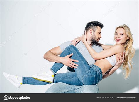 Handsome Man Looking Cheerful Blonde Girl Smiling White Stock Photo