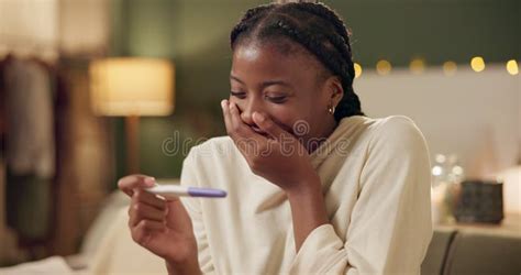 Black Woman Pregnancy Test And Excited Or Surprised In Home With Good