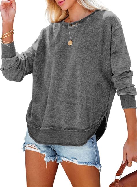 Dokotoo Women Casual Crewneck Sweatshirts Side Split Solid Color Long