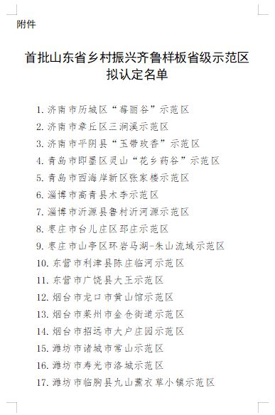 首批山东省乡村振兴齐鲁样板省级示范区拟认定名单公示农业农村邮戳