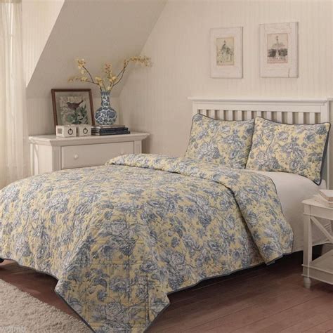 Waverly Bluebell Blue Yellow White Toile Floral Full Queen 3pc Quilt