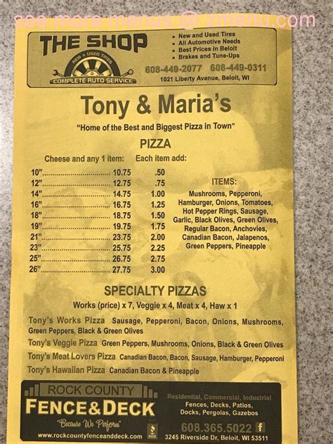 Online Menu Of Tony Marias Pizza Restaurant Beloit Wisconsin