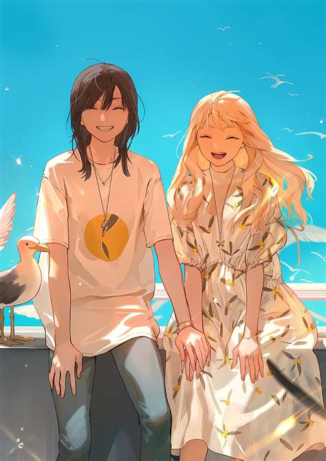 Tanjiu9、 アニメ、 アニメの女の子、 カラフル、 Tamen De Gushi、 青色の背景、 ビーチ、 カモメ、 Hdデスクトップの