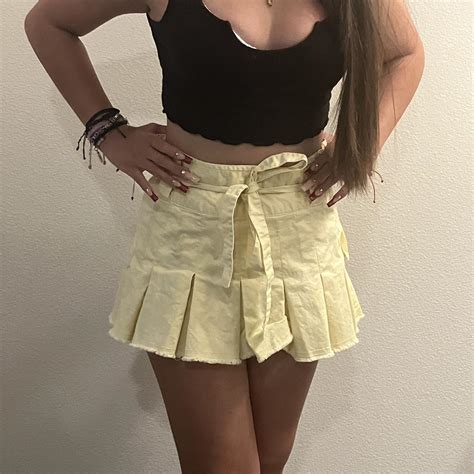 Women’s Yellow Mini Skirt, Belt Detailing - Depop