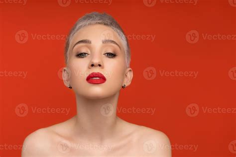 Fashion Portrait Woman With Short Hair Red Lips And Naked Shoulders