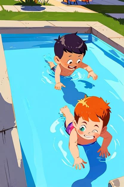 A cartoon of two children swimming in a pool with a cartoon image of a ...