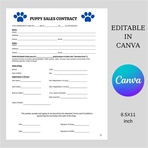Diy puppy sales contract personalised puppy canva template puppy