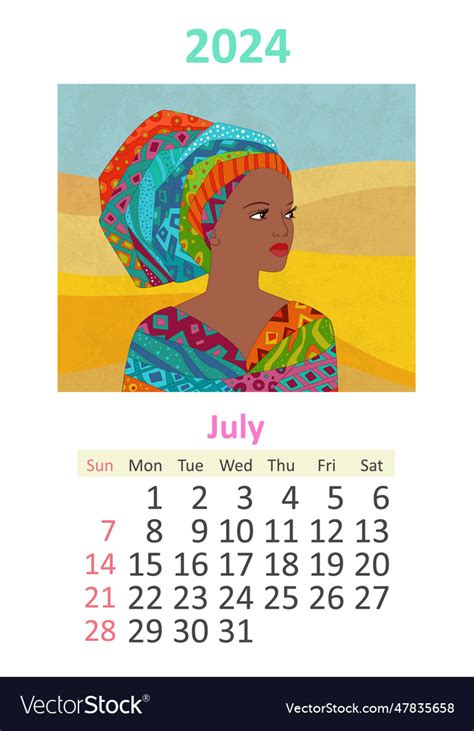 Calendar 2024 july template portrait of beautiful Vector Image