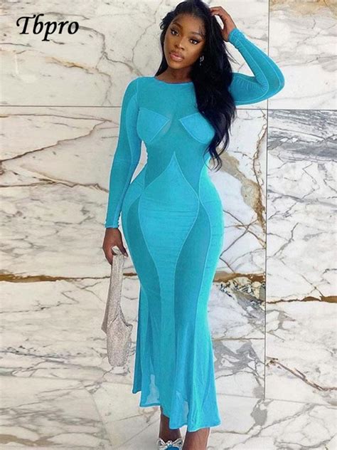 Mesh Sheer Slim Maxi Dress Women Full Sleeve O Neck Skinny High Waist Bodycon Dresses 2023