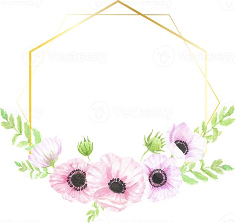 Watercolor Hand Drawn Anemone Flower Bouquet Wreath With Gold Geometric