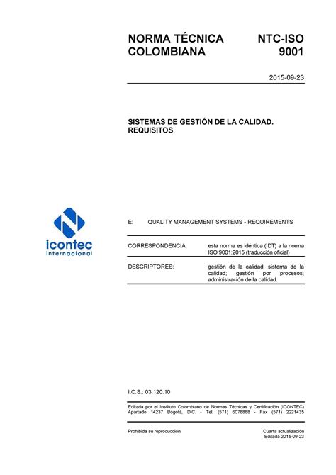 Ntc Iso Icontec Gesti N De La Calidad Norma T Cnica Ntc