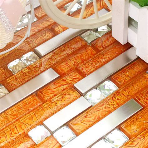 Orange Stainless Steel Glass Mosaic Tile Hmgm1083j Backsplash Diamond Glass Mosaic Kitchen Wall