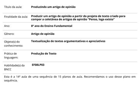 Plano De Aula Ano Produzindo Um Artigo De Opini O