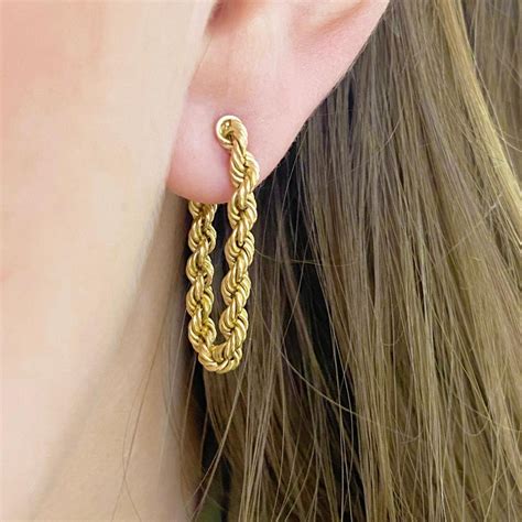 Gold Chain Earrings 14 Karat Yellow Gold Dangle Loop Hoop Earrings