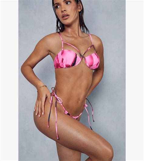 Buy Misspap Abstract Printed Ruched Cupped Strappy Bikini Set In Pink