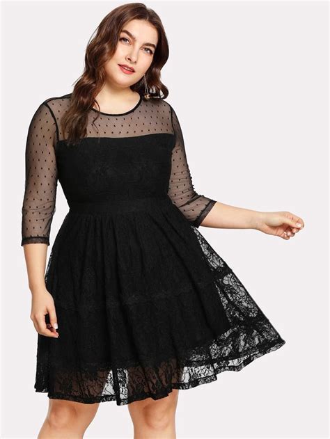 Shein Plus Dot Mesh Shoulder Lace Overlay Fit And Flare Dress Fit Flare