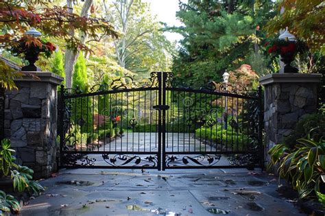 Black Wrought Iron Driveway Gate Opening To Beautiful Garden Stock ...