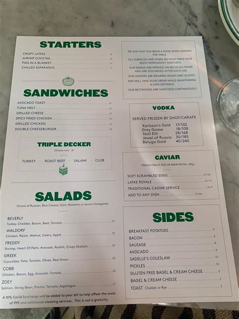 Menu at Sadelle's restaurant, New York City