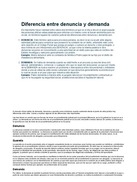 Diferencia Entre Denuncia Y Demanda Pdf Queja Demanda Judicial